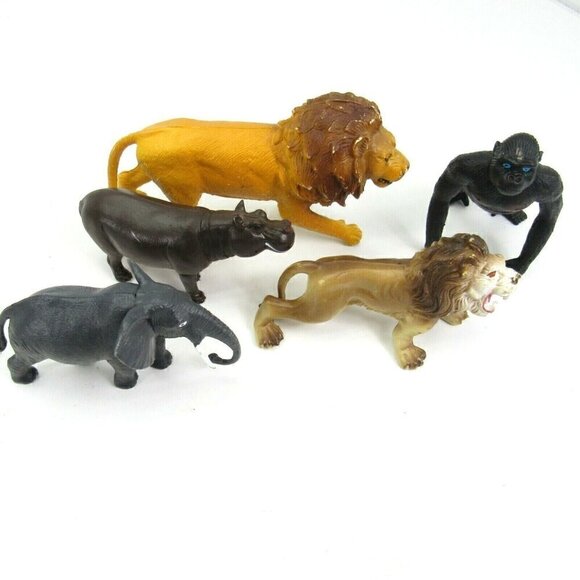 Jungle Safari Animals PVC Plastic Figures Gorilla Lion Hippo Elephant Vintage - Picture 1 of 9